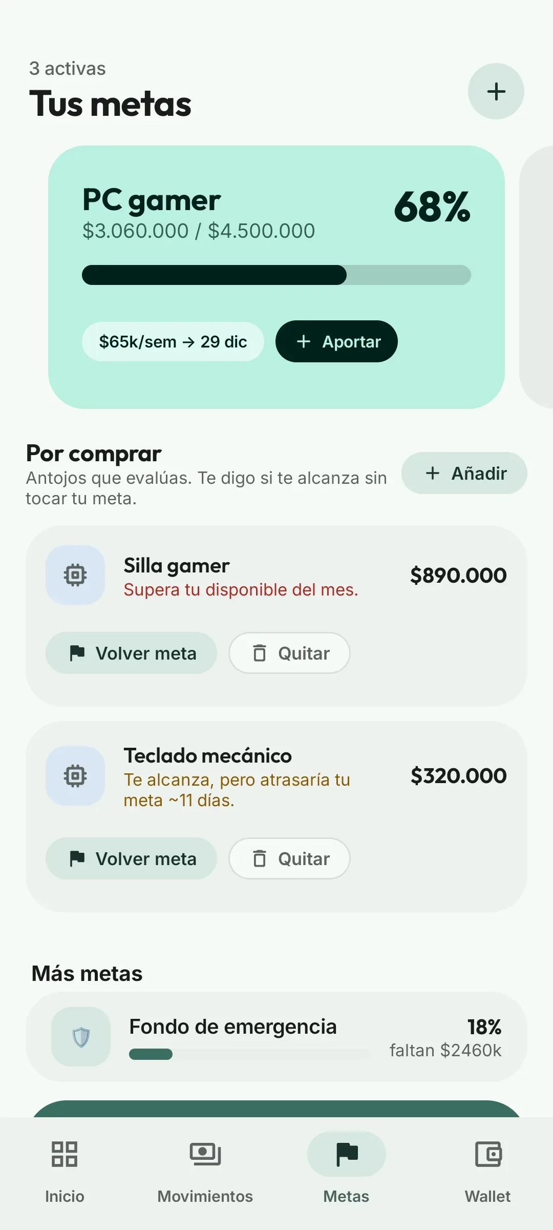 Pleloot “To buy” list: the gaming chair at $890,000 goes over the month’s available money, and the mechanical keyboard at $320,000 would delay the goal by about 11 days.