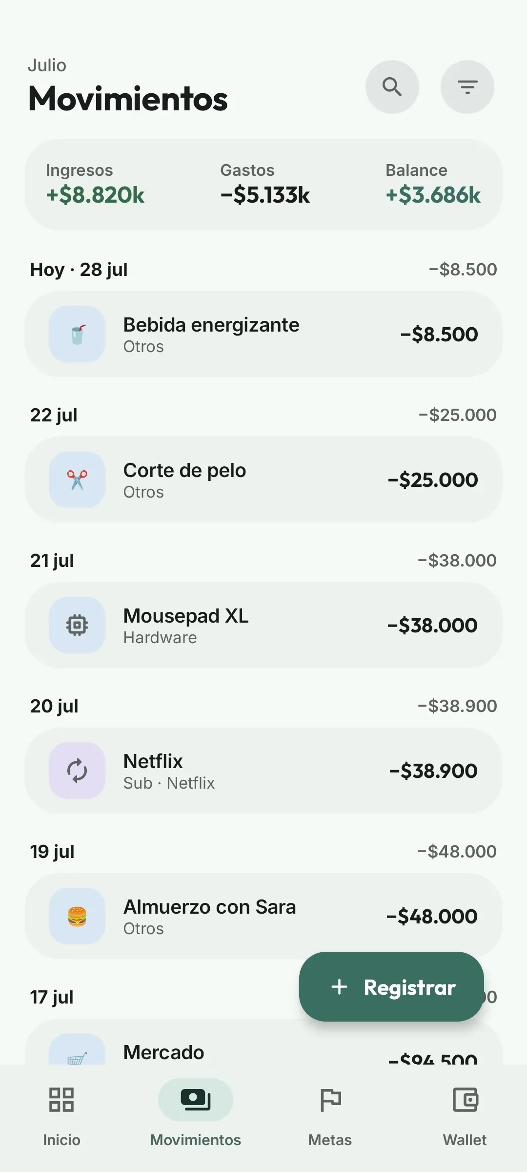 Pleloot transactions screen for July: +$8,820k income, −$5,133k spending and +$3,686k balance, with the month’s entries below.